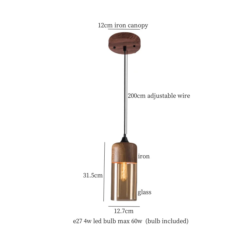 Suspension bois et verre fumé boule bi-matière design vintage 1.7