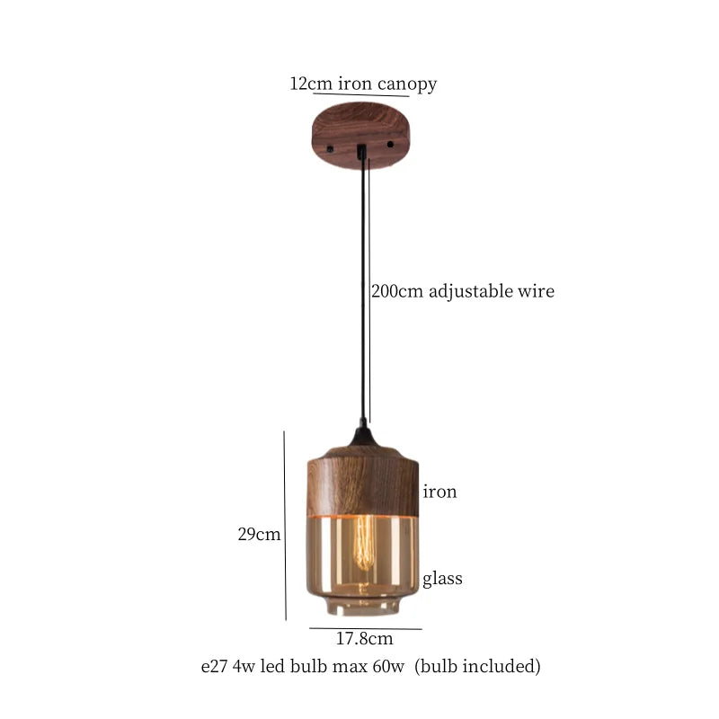 Suspension bois et verre fumé boule bi-matière design vintage 1.7