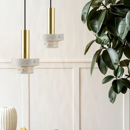 Suspension cylindrique marbre et cuivre doré design art déco