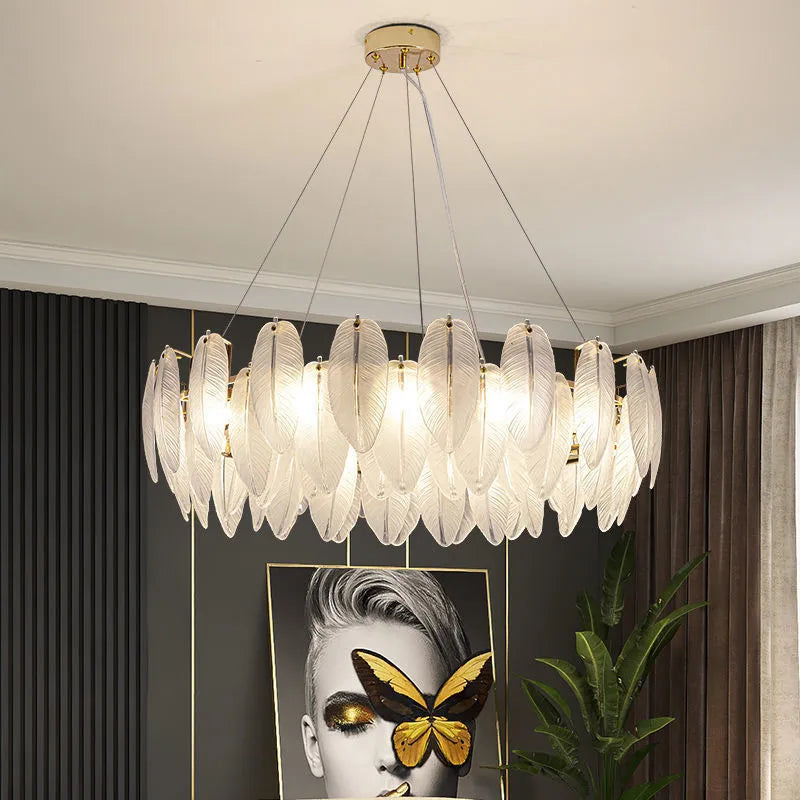 Suspension anneau plumes blanches en verre design bohème