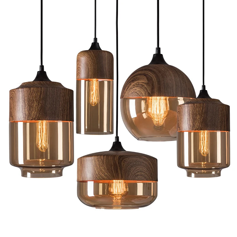 Suspension bois et verre fumé boule bi-matière design vintage 1.7