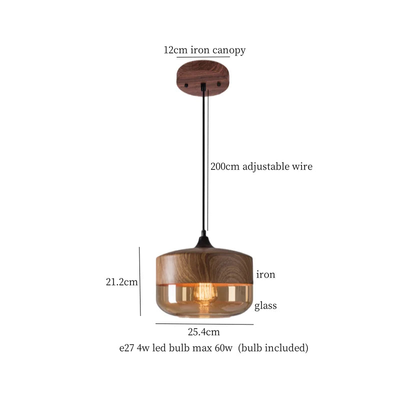Suspension bois et verre fumé boule bi-matière design vintage 1.7