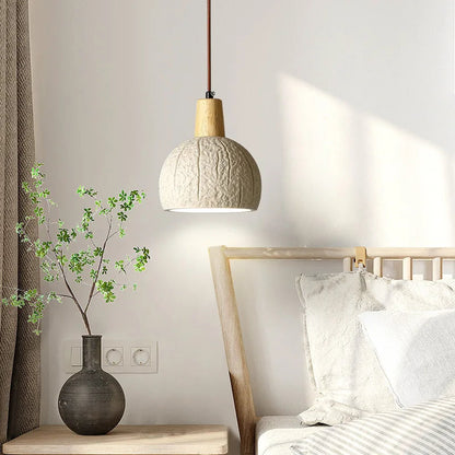 Suspension globe rainuré terre cuite bois scandinave