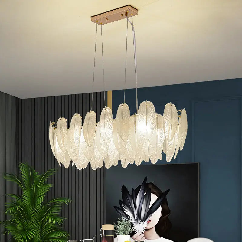 Suspension anneau plumes blanches en verre design bohème