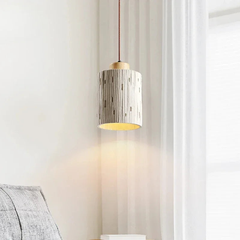 Suspension cylindre rainuré en terre cuite et bois scandinave