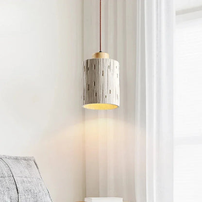 Suspension cylindre rainuré en terre cuite et bois scandinave