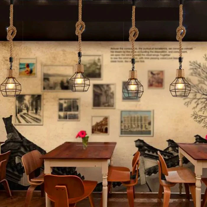 Suspension forme géométrique et corde de chanvre design industriel