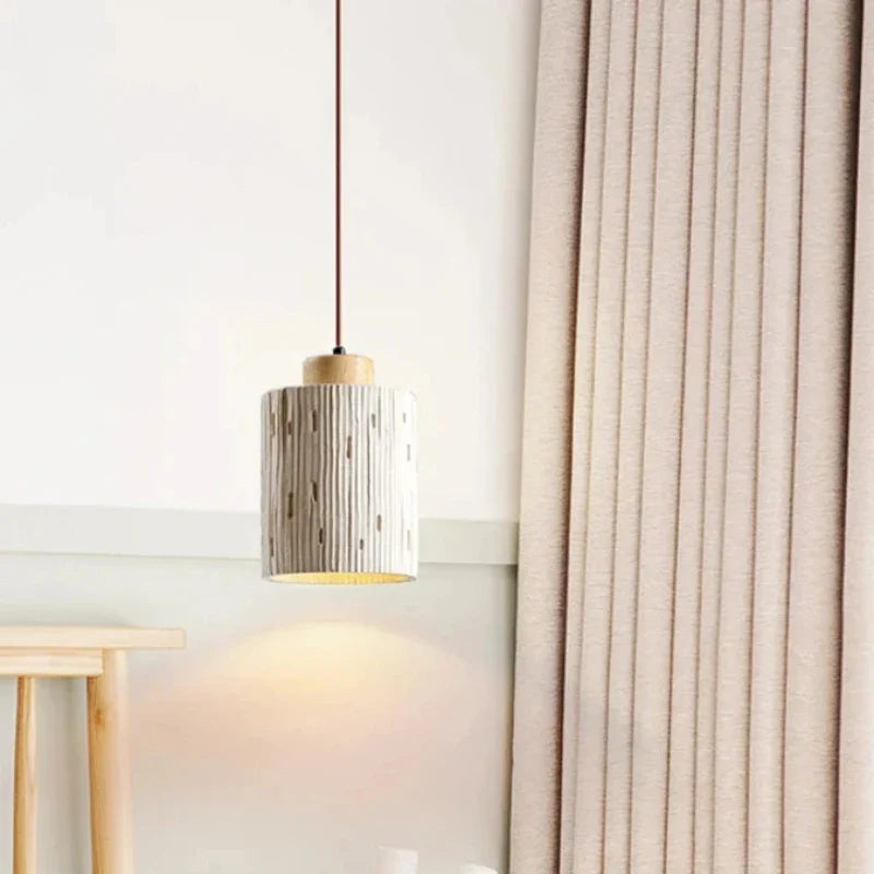 Suspension cylindre rainuré en terre cuite et bois scandinave