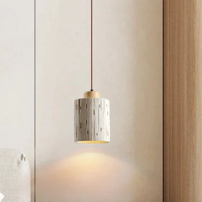 Suspension cylindre rainuré en terre cuite et bois scandinave