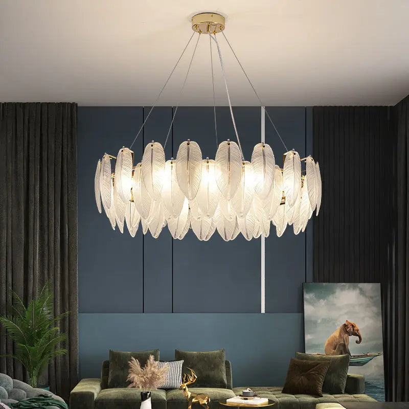 Suspension anneau plumes blanches en verre design bohème