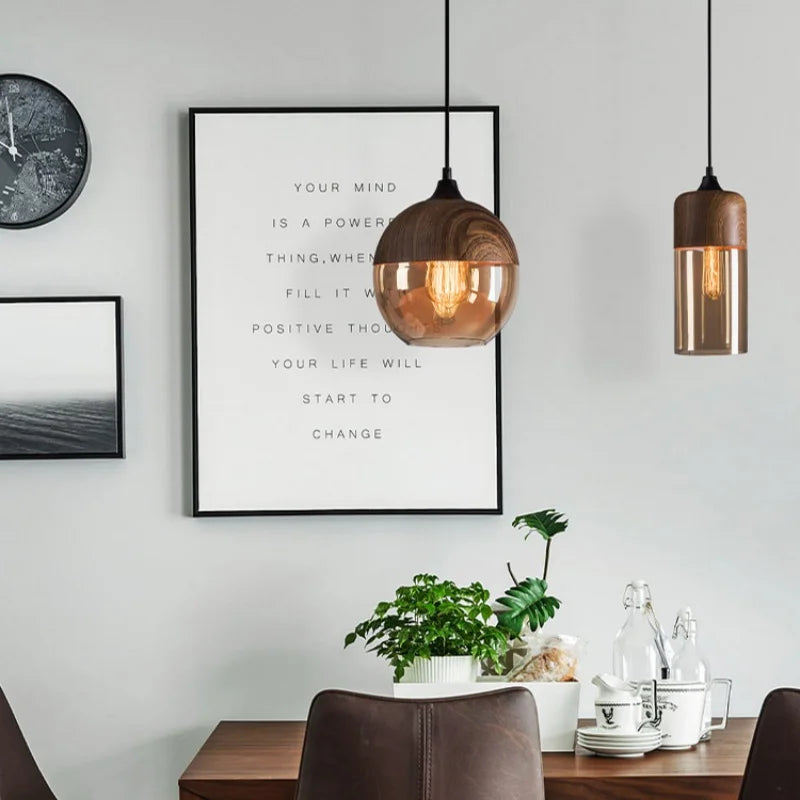 Suspension bois et verre fumé boule bi-matière design vintage 1.7