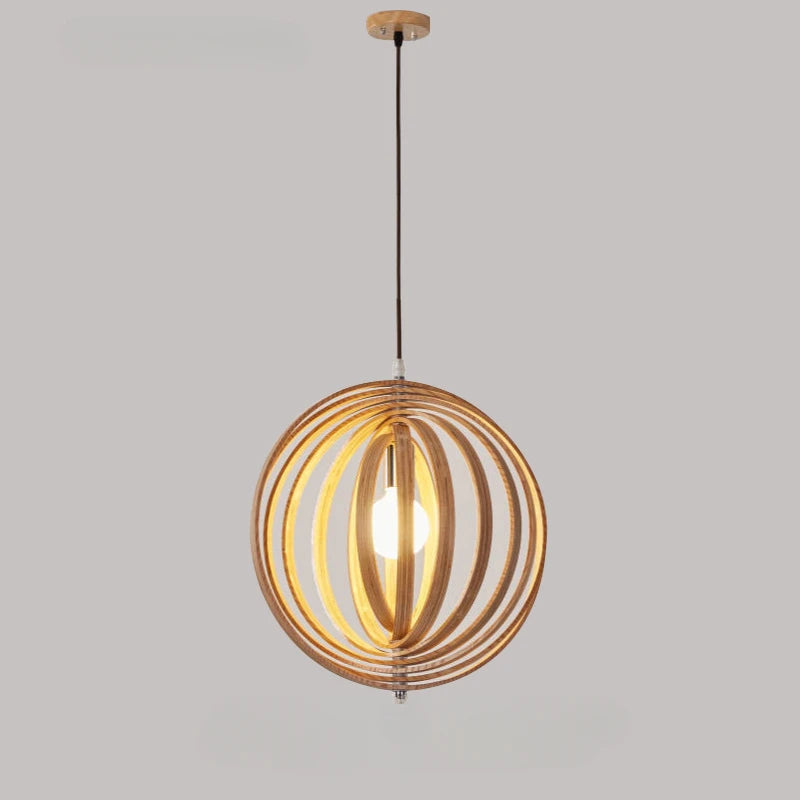 Suspension bois boule anneaux design moderne