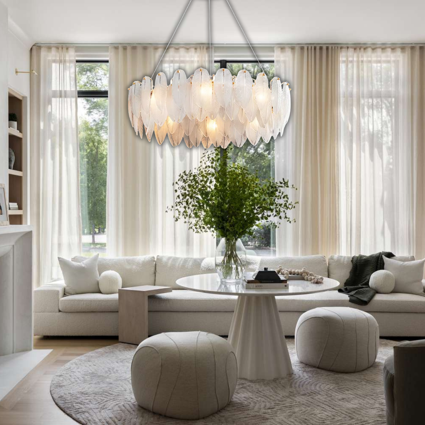 Suspension anneau plumes blanches en verre design bohème