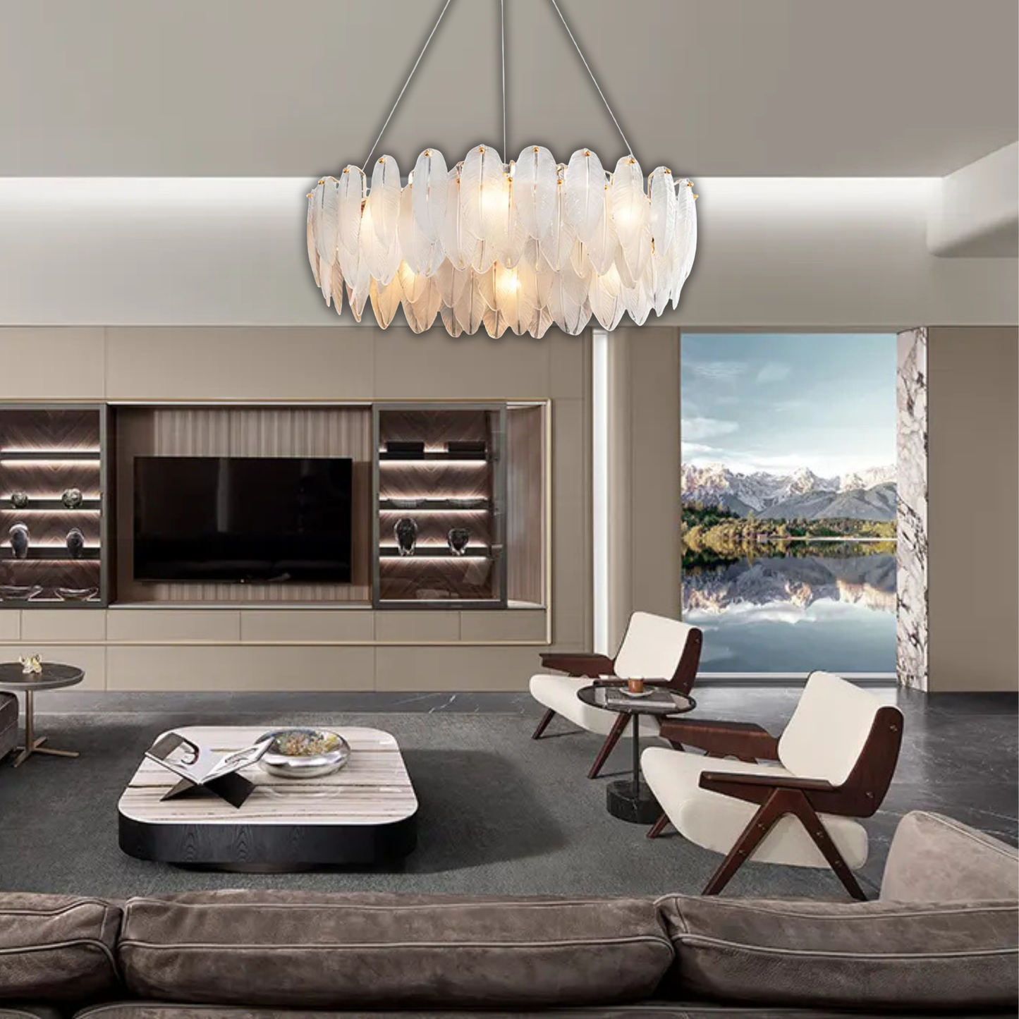 Suspension anneau plumes blanches en verre design bohème