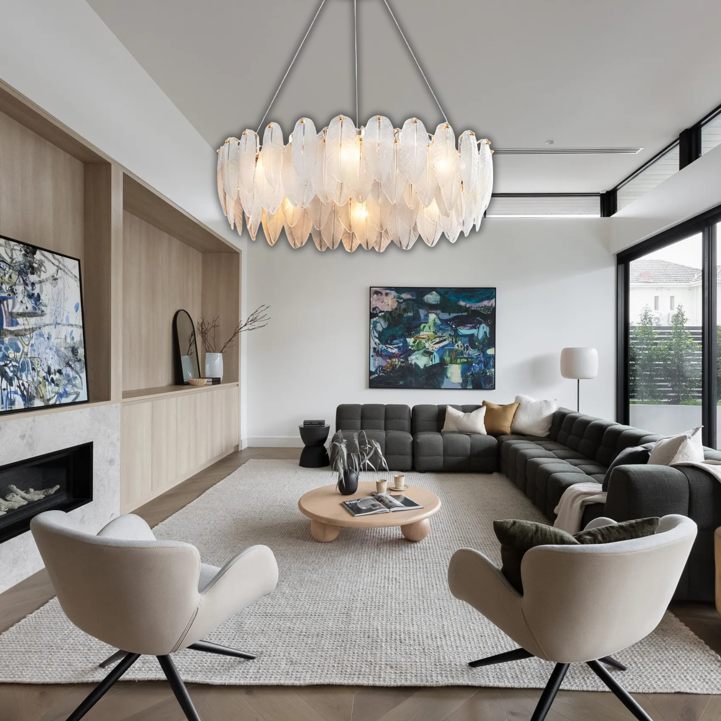 Suspension anneau plumes blanches en verre design bohème