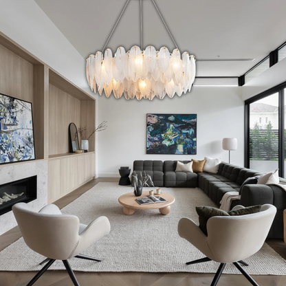 Suspension anneau plumes blanches en verre design bohème