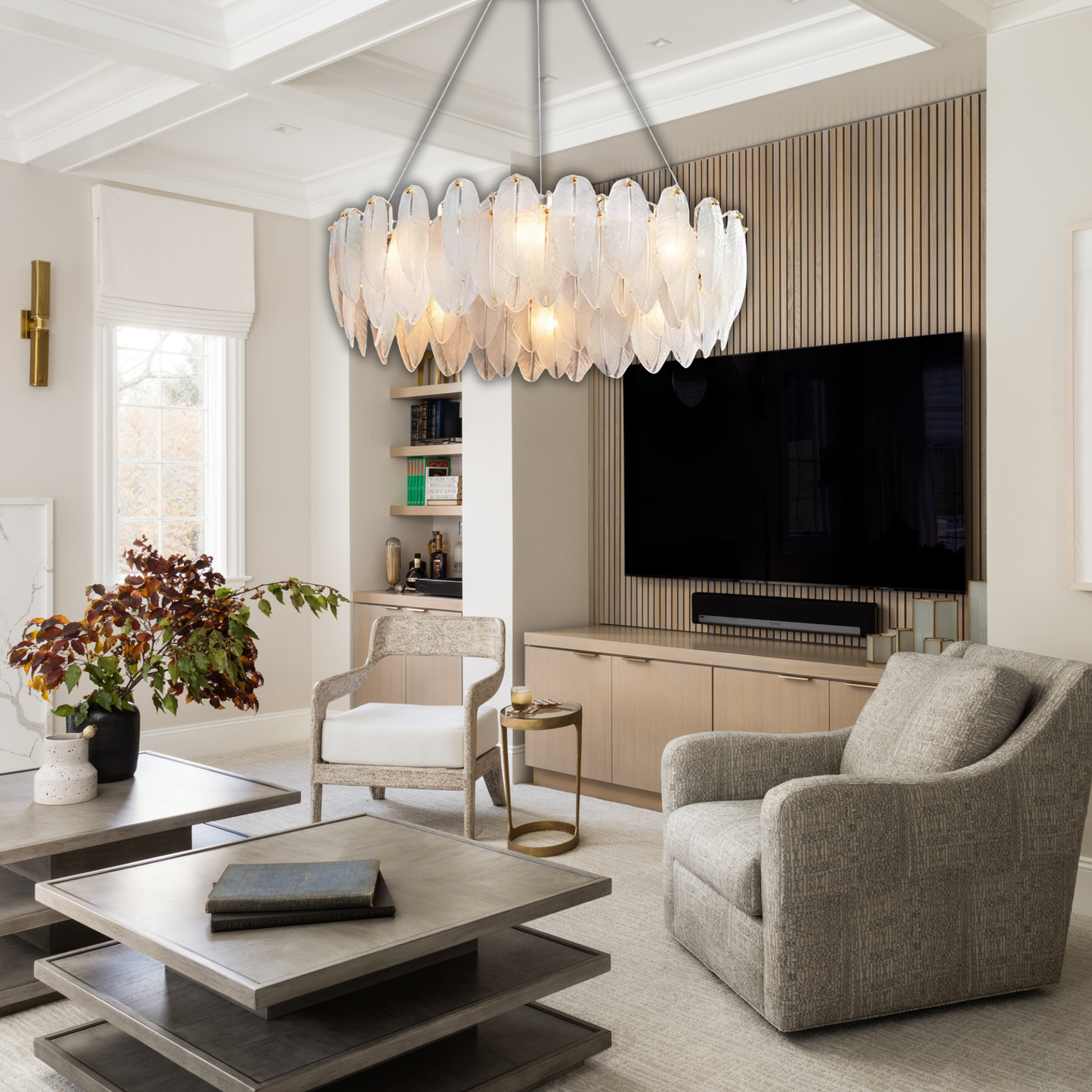 Suspension anneau plumes blanches en verre design bohème