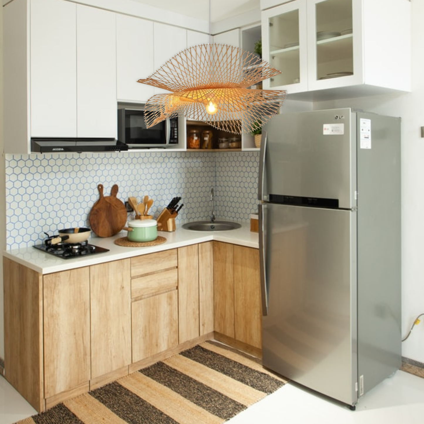 Suspension bambou ajourée double voile moderne