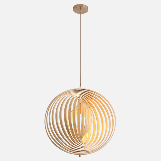 Suspension bois boule anneaux design moderne