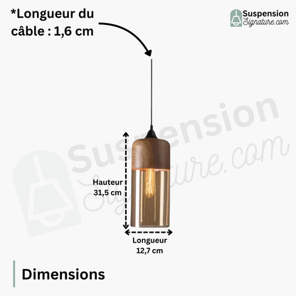 Suspension bois et verre fumé allongée bi-matière design vintage