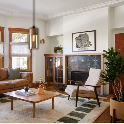 Suspension bois et verre fumé allongée bi-matière design vintage