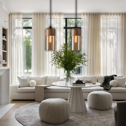 Suspension bois et verre fumé allongée bi-matière design vintage