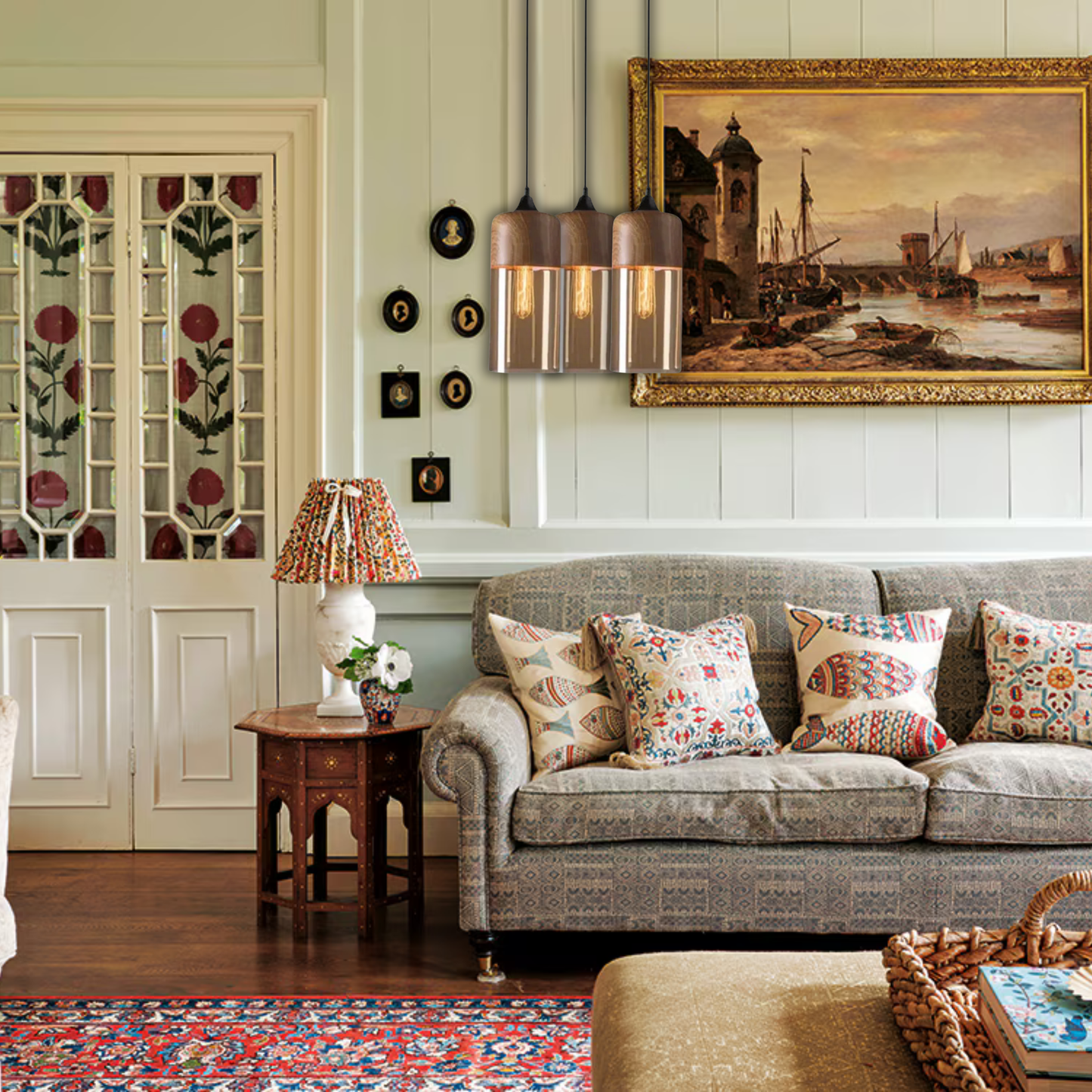 Suspension bois et verre fumé allongée bi-matière design vintage