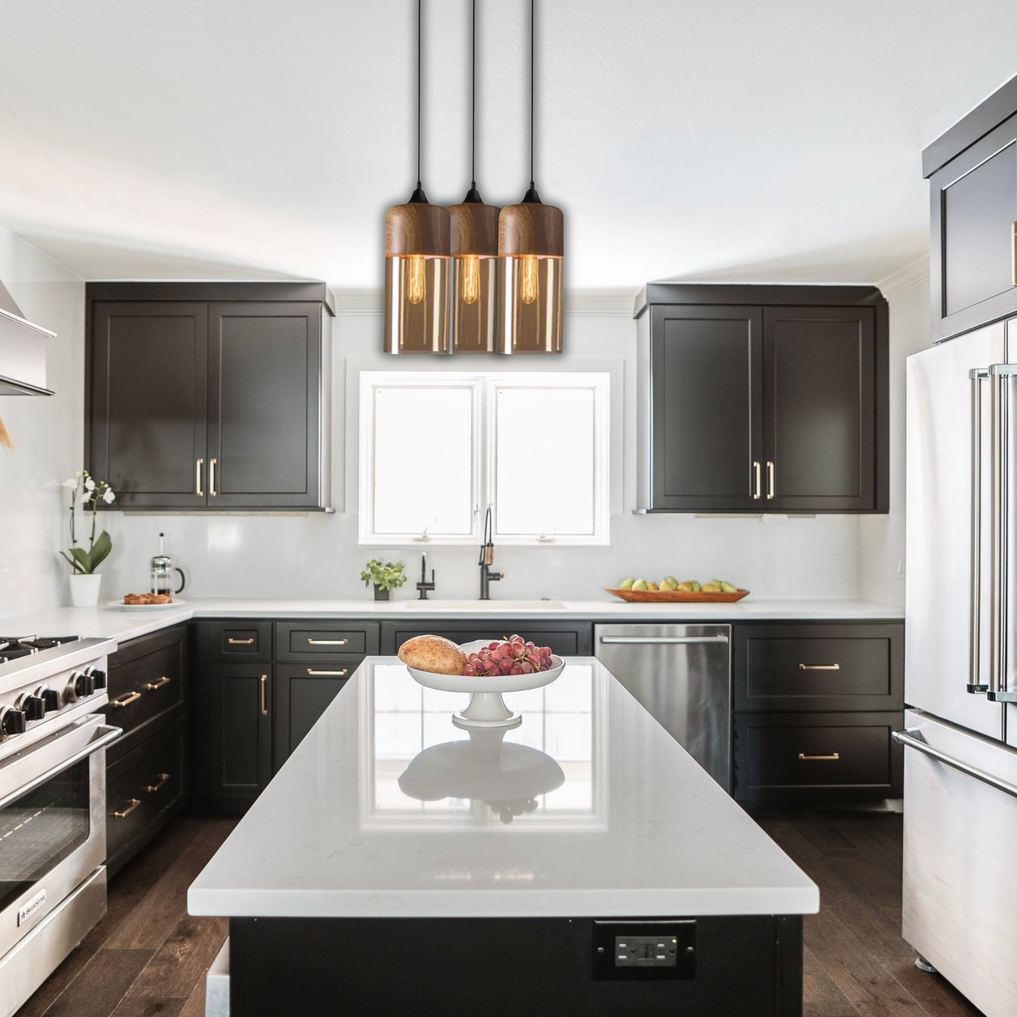 Suspension bois et verre fumé allongée bi-matière design vintage