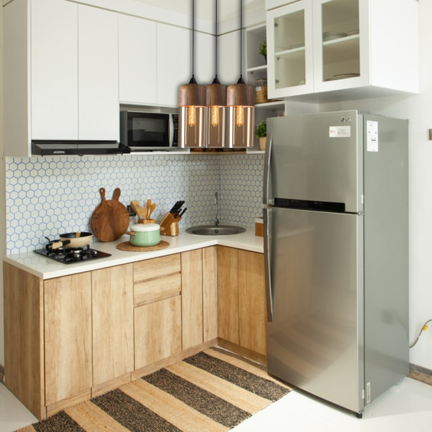 Suspension bois et verre fumé allongée bi-matière design vintage