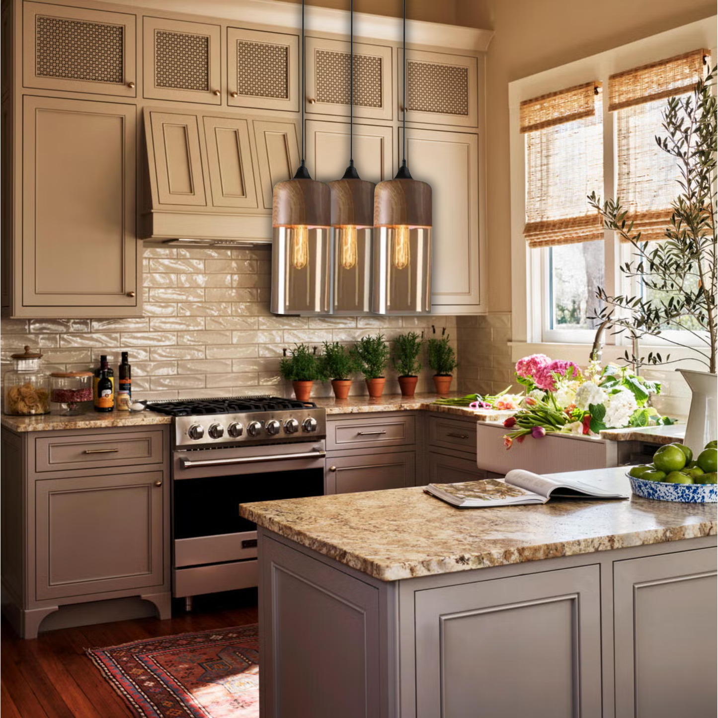 Suspension bois et verre fumé allongée bi-matière design vintage