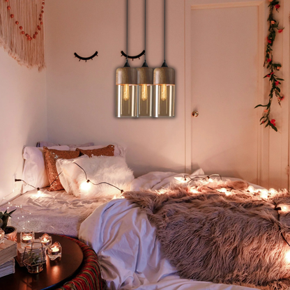 Suspension bois et verre fumé allongée bi-matière design vintage