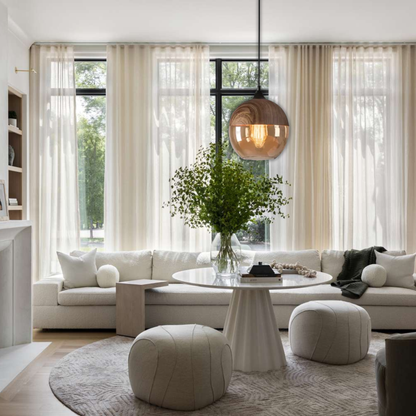 Suspension bois et verre fumé boule bi-matière design vintage