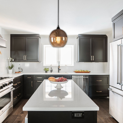 Suspension bois et verre fumé boule bi-matière design vintage