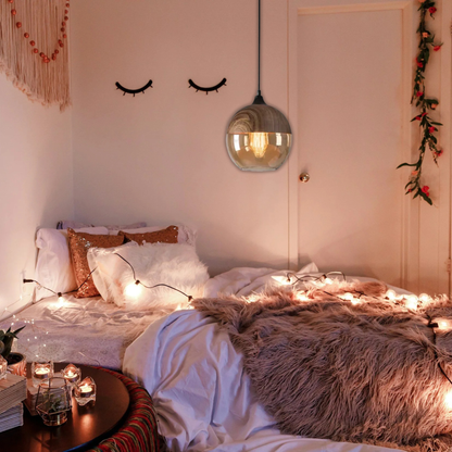 Suspension bois et verre fumé boule bi-matière design vintage