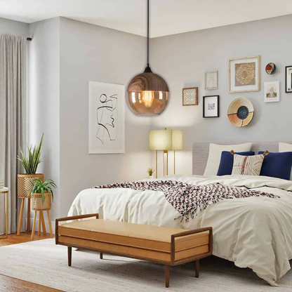 Suspension bois et verre fumé boule bi-matière design vintage