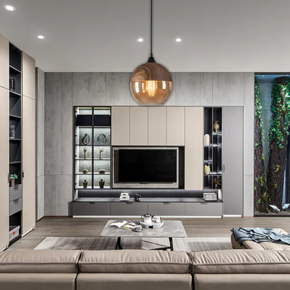 Suspension bois et verre fumé boule bi-matière design vintage