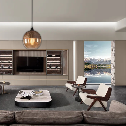 Suspension bois et verre fumé boule bi-matière design vintage