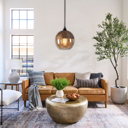 Suspension bois et verre fumé boule bi-matière design vintage