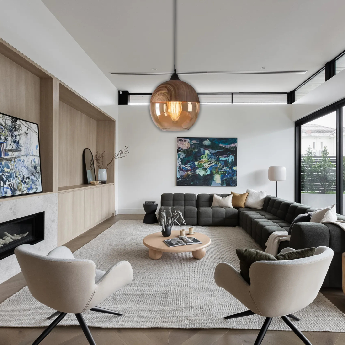 Suspension bois et verre fumé boule bi-matière design vintage