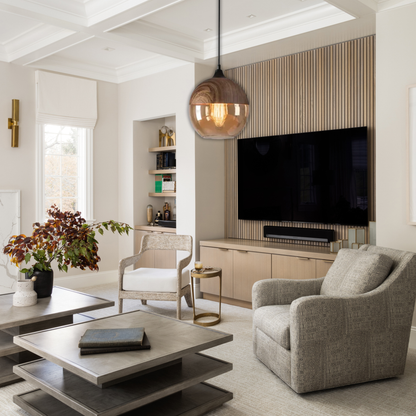 Suspension bois et verre fumé boule bi-matière design vintage