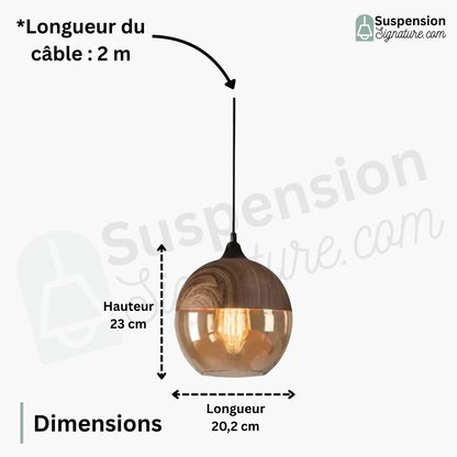Suspension bois et verre fumé boule bi-matière design vintage