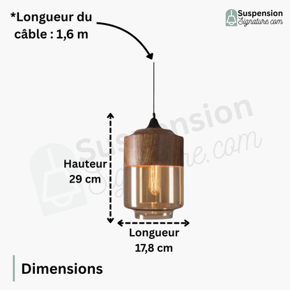 Suspension bois et verre fumé lanterne bi-matière design vintage