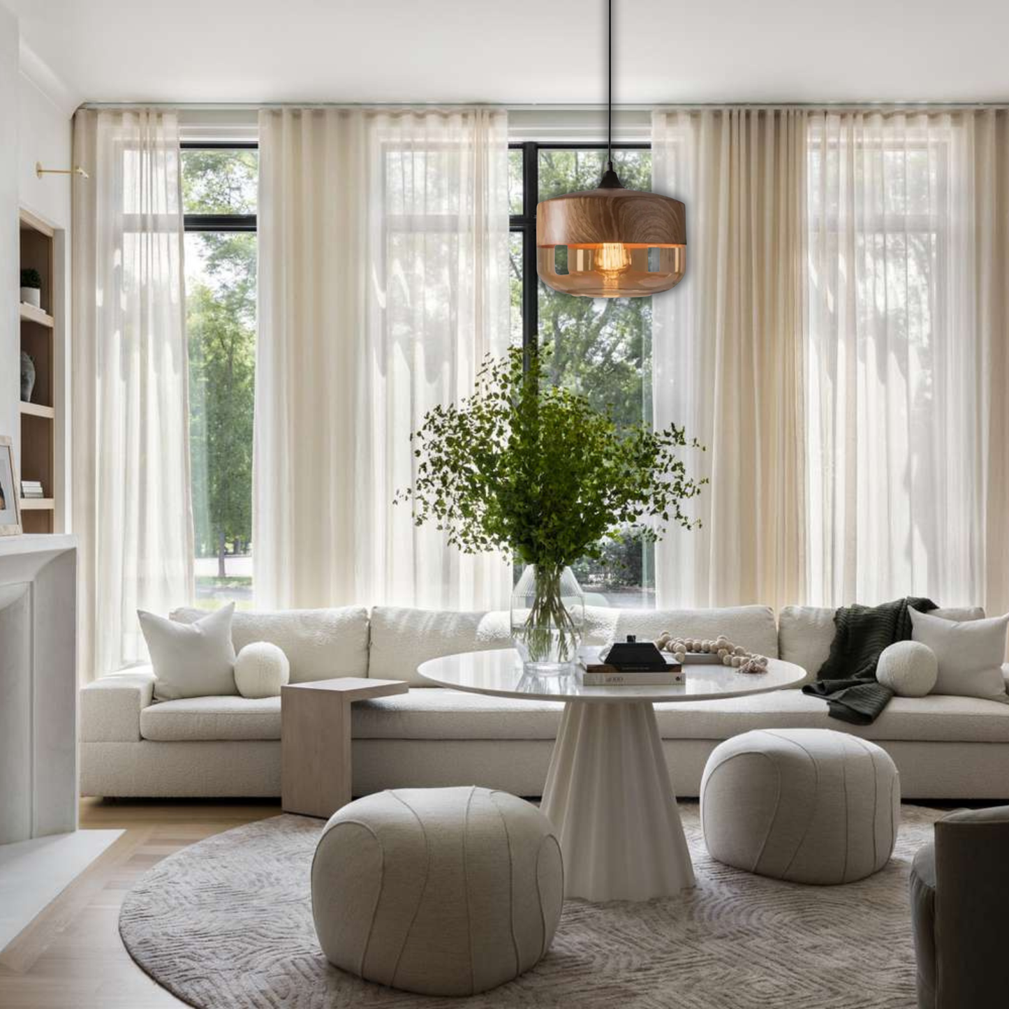 Suspension bois et verre fumé plate bi-matière design vintage