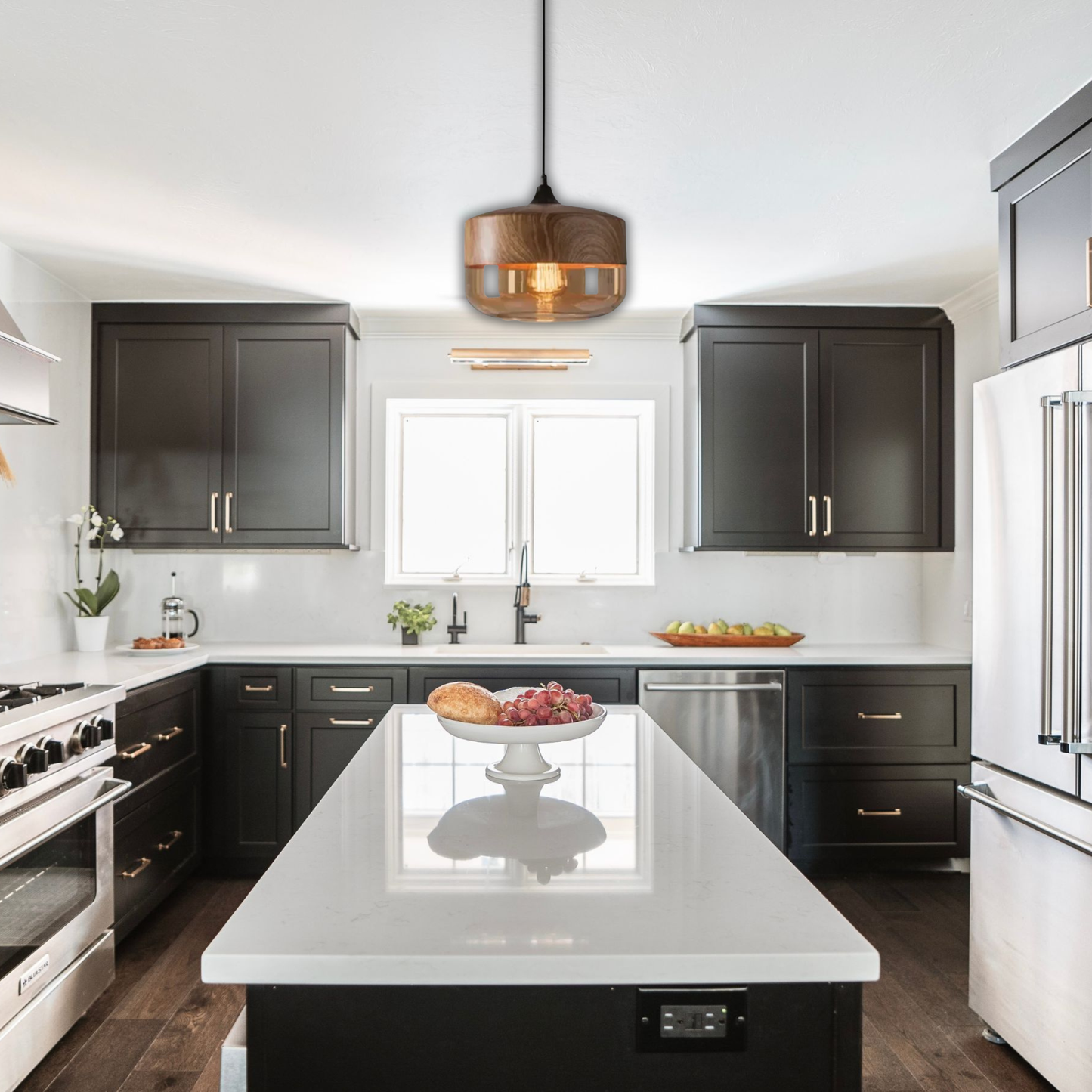 Suspension bois et verre fumé plate bi-matière design vintage