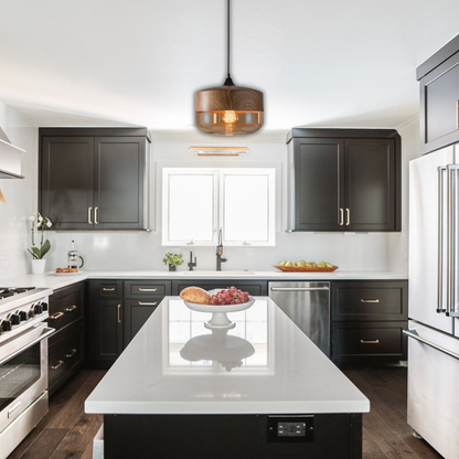 Suspension bois et verre fumé plate bi-matière design vintage