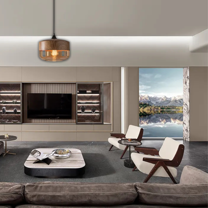 Suspension bois et verre fumé plate bi-matière design vintage