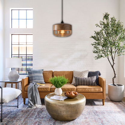 Suspension bois et verre fumé plate bi-matière design vintage