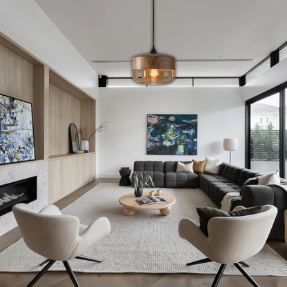 Suspension bois et verre fumé plate bi-matière design vintage