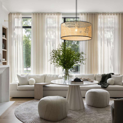 Suspension cannage en rotin moderne liserés noirs