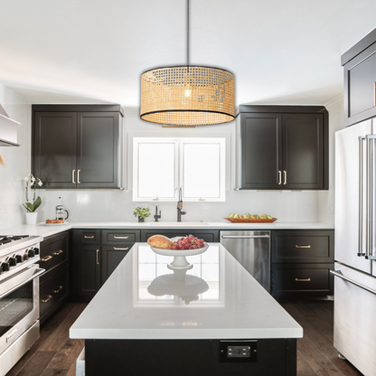 Suspension cannage en rotin moderne liserés noirs